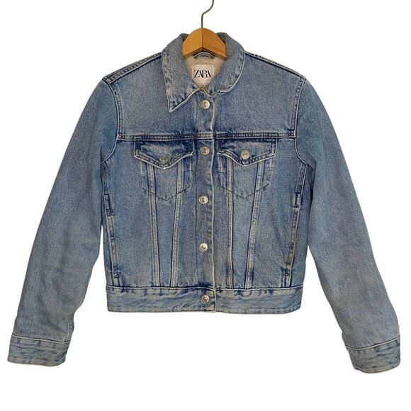 Zara Womens Blue Denim Lined Sherpa Jean Jacket Small Cropped Country Western - Picture 1 of 16